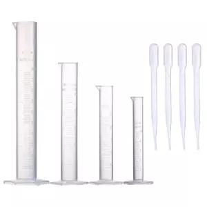Young4us 측정 실린더 세트 100ml 50ml 25ml 10ml 크기의 눈금 폴로필렌 실험실 시험관 3ml에 플라스틱 드로퍼 4개 포함 및 과학 실험용