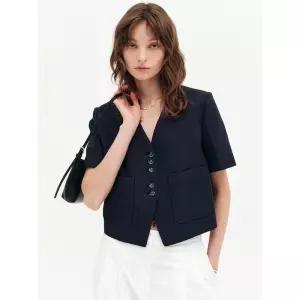 Lookast 코린 린넨 카라리스 크롭 자켓_네이비 / CORINNE LINEN COLLARLESS JACKET_NAVY 1034172