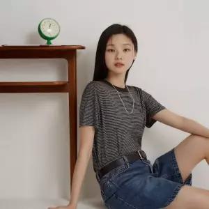 [백화점 정품] 빈폴 레이디스 린넨 스트라이프 레귤러핏 반소매 티셔츠 브라운 BF6442C10D
