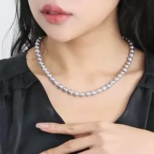 내츄럴그레이 바로크 아코야 진주 목걸이 7-7.5mm 실버 14k 비드