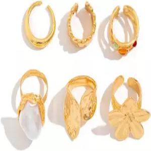 여성용 6PCS 청키 링 조절 가능 두꺼운 세트 트렌디한 문구 스태커블 주얼리 불규칙 돔 플라워 핑거 너클
