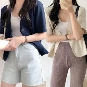 반팔 단추자켓 트위드 반팔 자켓 크롭 노카라 브이넥 재킷