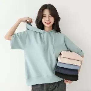 보보 국산 여성 5부 루즈핏 후드 반팔 맨투맨 면 티셔츠AMI-WSH-3264-소라