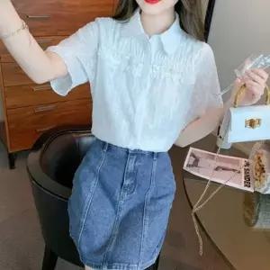 프릴셔츠 자수 러블리무드 프릴 여름 반팔 여성반팔셔츠 여성 카라 남방 블라우스 셔츠 화이트