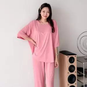썸머 쿨링 여성 U넥 5부 루즈핏 반팔티 편한 통바지세트 ARA-WSET-3540-핑크