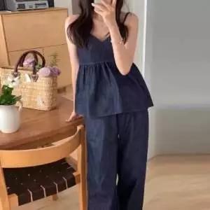 청청셋업 여름 데님 크롭탑 투피스세트 반팔 바지 뷔스티에 나시