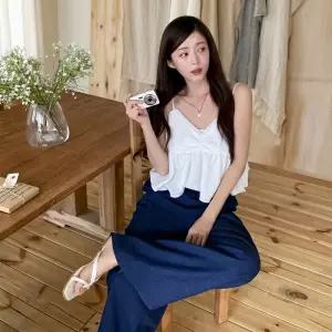 [옷자락] 여성 여름 페미닌 레이스 셔링 미니 뷔스티에 나시 블라우스