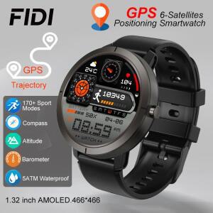 FIDI GPS 6위성 스마트 시계 1.32인치 HD AMOLED 디스플레이 내장 GPS 블루투스 전화 통화 스포츠 5ATM 방