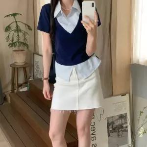 옷자락 여성 스트라이프 칼라 배색 레이어드 반팔 셔츠