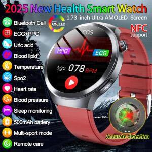 2025 새로운 정확한 혈액 지질 요산 스마트 시계 남자 1.73 인치 AMOLED ECG + PPG 혈압 블루투스 통화 건