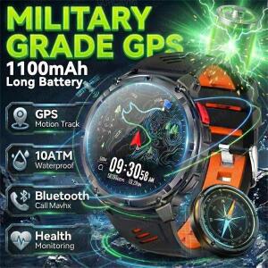2026년 신제품 아웃도어 1100mAh 대용량 배터리 스마트워치 남성용 GPS 트래커 나침반 방수 플래시 라이트