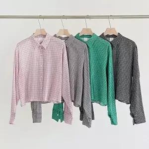 [옷자락]여성 여름 얇은 체크 크롭 박스핏 면 셔츠