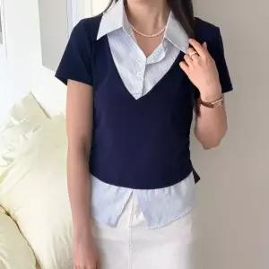 여자 스트라이프 카라 배색 셔츠반팔 티셔츠