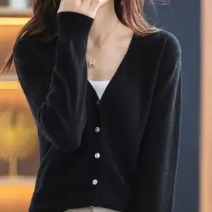 베이직 여성 가디건 무지 브이넥 니트 가디건 아우터 블랙-L