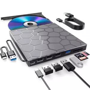BPAKDU 노트북용 외장 CD/DVD 드라이브 DVD 플레이어 8 in 1 USB 3 0 울트라 슬림 휴대용 CD 버너 디스크 광학 데스크탑 맥 윈도우 11/10 Bla