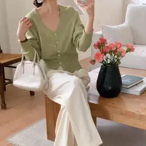 [하프클럽/]여리 브이넥가디건 슬림핏 타이트 여성 옐로우 봄니트