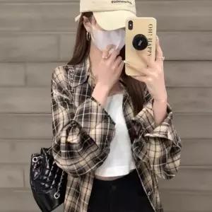 [하프클럽/]여성 루즈핏 체크 배색 셔츠 스트리트 패션 남방