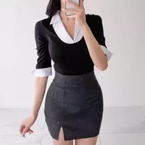 [하프클럽/]여성용 배색 슬림핏 7부 긴팔 레이어드 셔츠