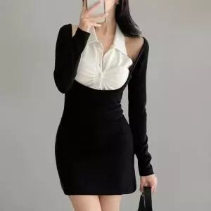 [하프클럽/]여성 카라넥 레이어드 민소매 미니 드레스 셔링 원피스