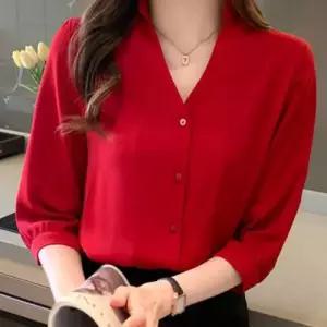 여성 가을 간절기 브이넥 단추 정장 7부소매 블라우스 WFFB2B7