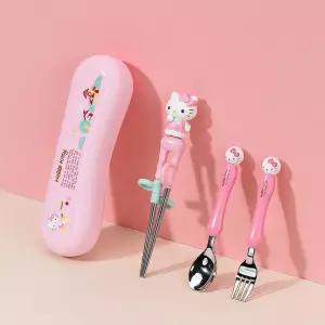 산리오 더스틱 맥스 스텐 젓가락 스푼 포크 케이스 4P세트 헬로키티 오른손용 1단계 교정젓가락 교정용젓가 유아 아동 어린이 수저세트