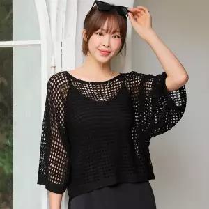 [핑크시슬리] 썸머 시스루 네트 가오리 세미크롭 루즈 니트