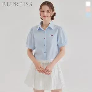 [블루레이스] 레이스 배색 리본 줄지 블라우스_B6M3BL6251