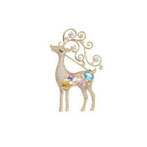 반짝이는 모이산나이트가 있는 14k 골드 컬러의 순록 브로치, 멋진 동물 시카 디자인 보석 코사지, 동물에서 영감을 받은 핀 숄 버클