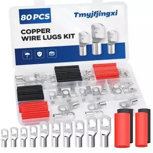Tmyjfjingxi 80PCS 구리선 러그 배터리 케이블 끝 모음 AWG 2 4 6 8 10 12 게이지 와이어 커넥터 및 3 1
