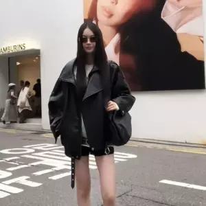 볼사스 여성용 가을 빈티지 코트 터틀넥 상의 벨트 재킷 가죽 자켓 ADOR3
