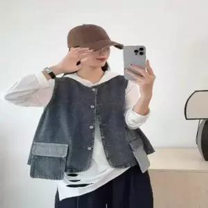 볼사스 여성 청 캐주얼 빈티지 조끼 라운드 싱글 포켓 블레이저 ADOR1