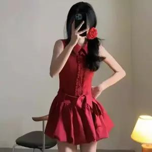 마이진 원피스 여친 빨강 여름 여름원피스 체리 하객 끈 토끼 귀 셔츠 벌룬 프렌치 ADOR2