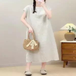 마이진 여사친 원피스 하계 빈티지 반팔 하객 솔리드 풀오버 롱스커트 여름원피스 린넨 라운드 ADOR2