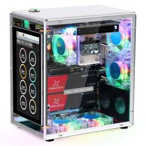 프리노브 라즈베리 파이 5 케이스 키트 프로(128GB SSD 1개 포함), 듀얼 M.2 NVMe 슬롯, 5개의 PWM ARGB 팬 라이트 싱크, CPU 타워 쿨러, 4.3인치 터치스크린, 스테레오 스피커, 3.5mm 오디오