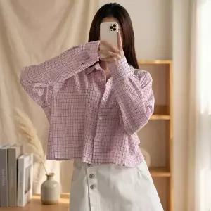 [하프클럽/]여성 여름 얇은 체크 면 박스핏 크롭 셔츠