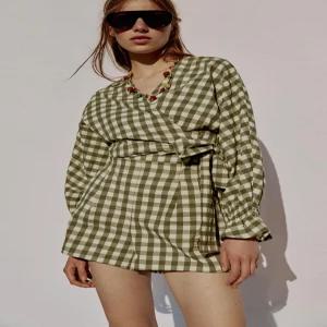 [매장정품] ZARA 깅엄 체크 보우 자켓 재킷 - 미디움 그린 4387/355/527