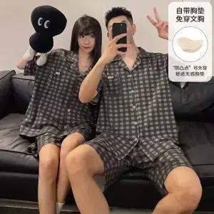 커플 카디건 잠옷 여름 여성 브래지어 패드로 남성용 반팔 pijamas para parejas Hombre