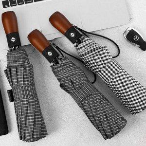 체크 3단 우산 원목 손잡이 우산 접이식 자동 휴대용 여성 겸용