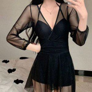 원피스 수영복 여성 체형커버 수영복 슬리브 시스루 비치 리조트 웨어