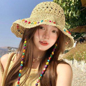 썬캡 모자 휴가 구슬 남여공용 은창레인보우 모자 썬캡 밀짚 여름 버킷햇 여름 캔디 자외선 비치 선캡