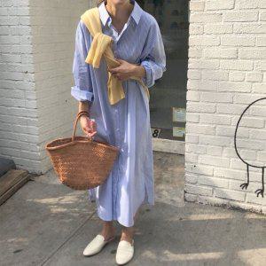 바스락원단 스트라이프 오버핏 롱원피스