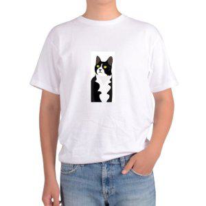반팔티 고양이 CAT 고양이 얼굴 노란눈 흰색과 검은색