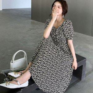 치마원피스 여성 앵두 A라인 패턴 롱원피스 반팔 여름 셔링원피스