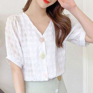 블라우스셔츠 러블리한 브이넥 블라우스 노카라 시스루 반팔 흰색