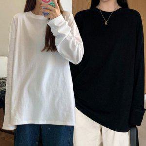걸스 심플 트렌드 룩크루넥 롱티 노프린트 탑 스웻셔츠 프릴레이스 슬리브리스 형광 스퀘어넥티 프리미엄