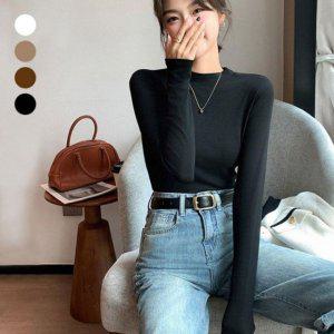 우먼 클린 노프린트 패션 하프넥 스트레치 퀄리티있는 트렌디 장팔탑 스웻셔츠 시스루 슬리브리스 형광 여