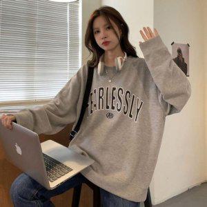 레이디스 그래픽프린트 포인트컬러 핏이 이쁜 스웻셔츠 라운드넥 상티 여성용 보아후디 겨울철 오버사이즈