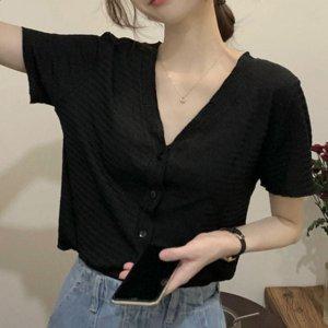 여성용 여름철 숏티 상의 여자 V라인 브라우스 블랙컬러 모던 셔츠블라우스 프릴귀여운