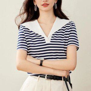 로맨틱 세일러넥카라 가로줄 프리미엄 반소매