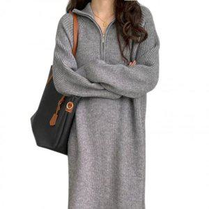 지퍼디테일 프리미엄 칼라넥 립 미디 원피스룩 H라인 롱셔츠 F/W 윈터일자핏 CLBF1089